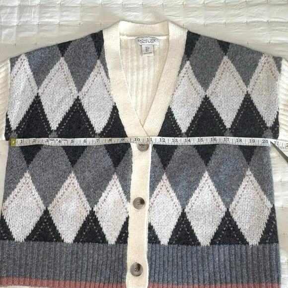 Rachel Zoe Argyle Cardigan Sweater Women's S | Cream & Gray | V-Neck | EUC - Picture 8 of 11